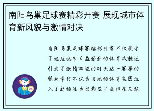 南阳鸟巢足球赛精彩开赛 展现城市体育新风貌与激情对决