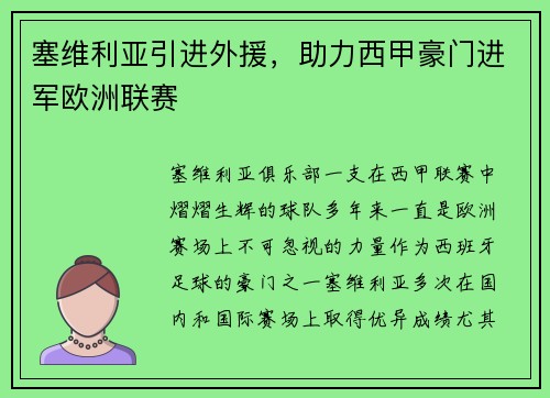 塞维利亚引进外援，助力西甲豪门进军欧洲联赛
