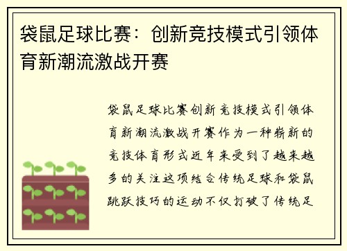 袋鼠足球比赛：创新竞技模式引领体育新潮流激战开赛