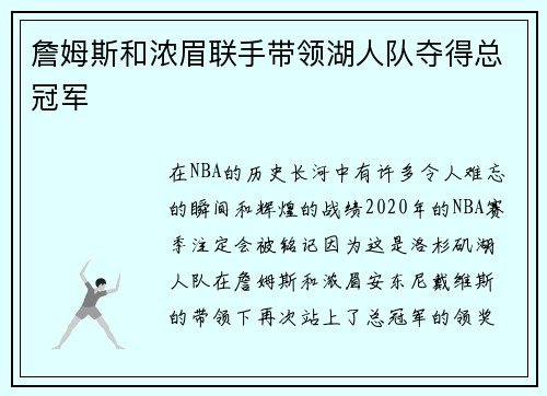 詹姆斯和浓眉联手带领湖人队夺得总冠军