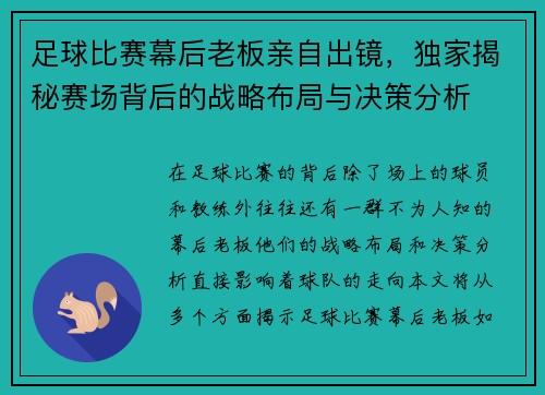 足球比赛幕后老板亲自出镜，独家揭秘赛场背后的战略布局与决策分析