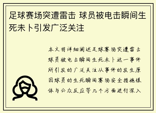 足球赛场突遭雷击 球员被电击瞬间生死未卜引发广泛关注