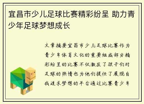 宜昌市少儿足球比赛精彩纷呈 助力青少年足球梦想成长