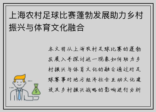 上海农村足球比赛蓬勃发展助力乡村振兴与体育文化融合