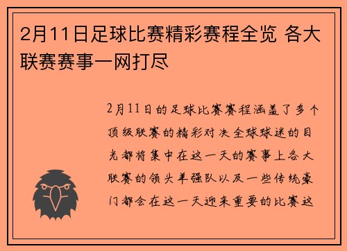 2月11日足球比赛精彩赛程全览 各大联赛赛事一网打尽