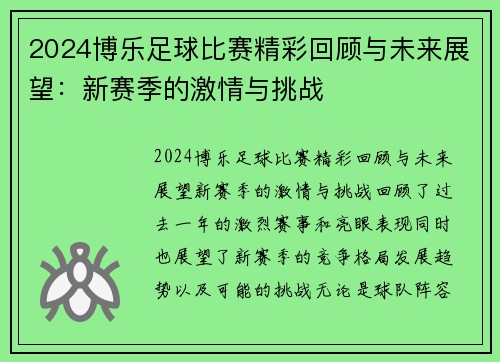 2024博乐足球比赛精彩回顾与未来展望：新赛季的激情与挑战