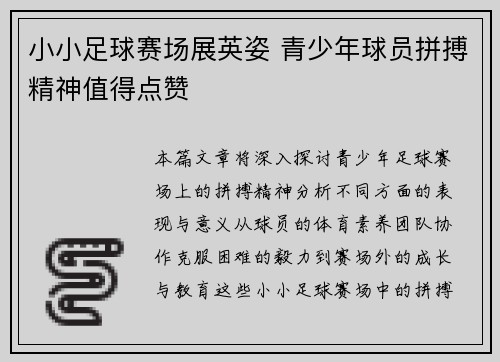 小小足球赛场展英姿 青少年球员拼搏精神值得点赞