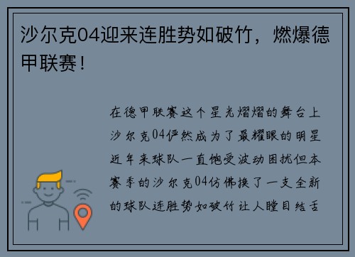沙尔克04迎来连胜势如破竹，燃爆德甲联赛！