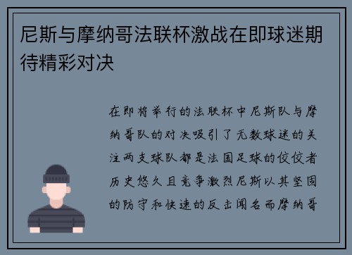尼斯与摩纳哥法联杯激战在即球迷期待精彩对决