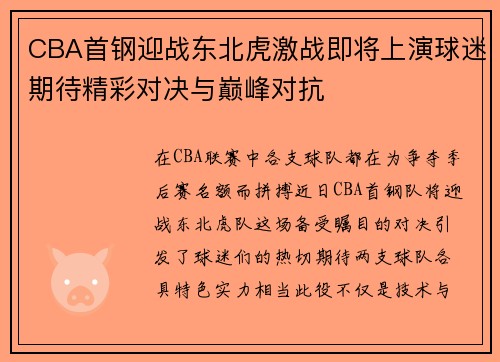CBA首钢迎战东北虎激战即将上演球迷期待精彩对决与巅峰对抗