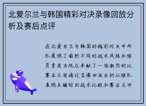 北爱尔兰与韩国精彩对决录像回放分析及赛后点评