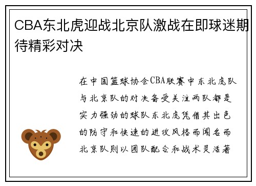 CBA东北虎迎战北京队激战在即球迷期待精彩对决
