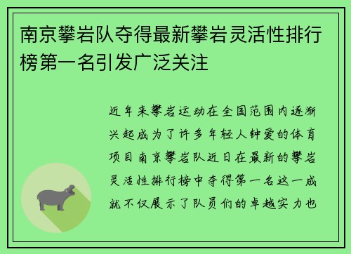 南京攀岩队夺得最新攀岩灵活性排行榜第一名引发广泛关注