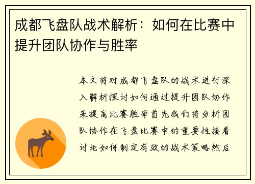 成都飞盘队战术解析：如何在比赛中提升团队协作与胜率