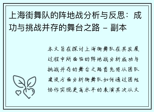 上海街舞队的阵地战分析与反思：成功与挑战并存的舞台之路 - 副本